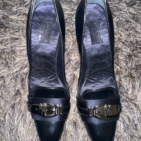 Gucci Black Patent Leather Pumps Silver Buckle Blue Satin Heels Sz EU 36 - Picture 7 of 10